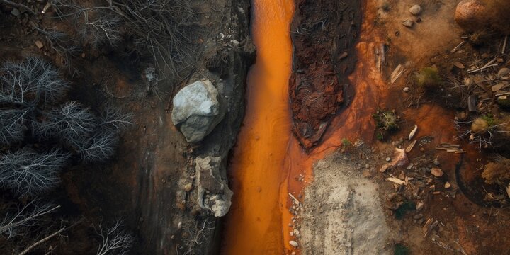 Environmental impact of copper mining shown from above with acidified rivers and rusty soil contamination