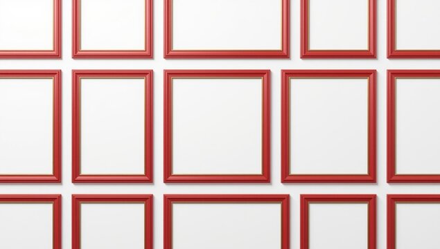 Collection of empty red photo frames aligned neatly on a white plain background for showcasing