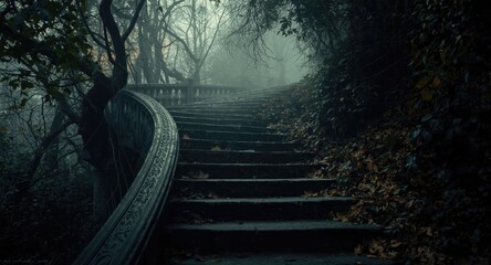 Obraz premium Dark mystical stairs emerging from enchanted forest mist