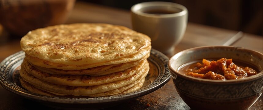 Enjoy a full breakfast with flaky roti canai and thick spiced curry sauce