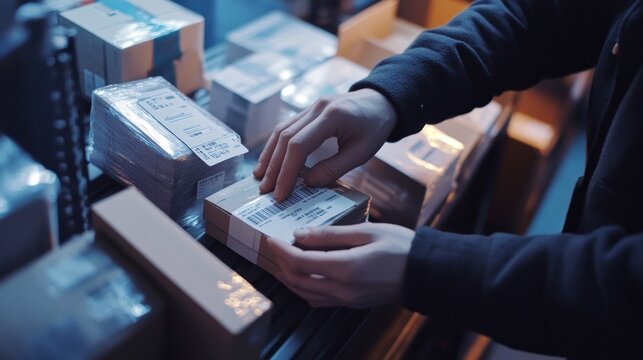 Person inspecting a package in a warehouse.  Close-up view of hands examining a cardboard box with labels.  Many other boxes and supplies are visible in the background.