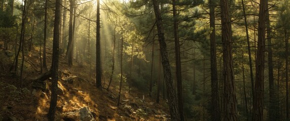 Obraz premium Dense pine woodland thriving under bright sunlight on mountain slope