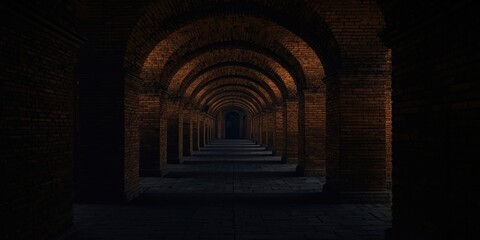 Fototapeta premium Detailed architectural tunnel with symmetrical brick arches in a building, illuminated by ambient glowing lamps in darkness
