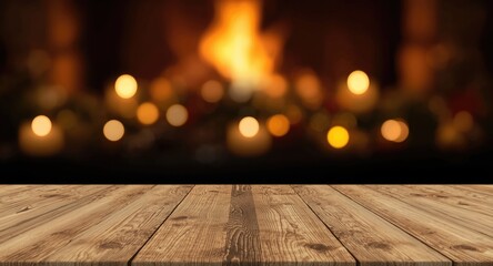 Obraz premium Festive holiday scene with glowing candlelight bokeh and empty wooden table in foreground