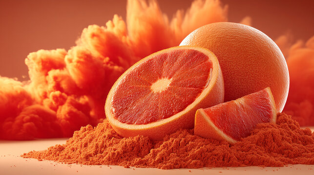 Fresh grapefruit slices with pulp and fruit powder dusting grapefruit tropical