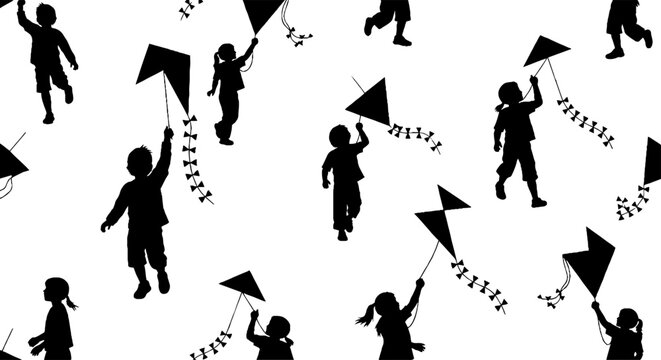 Active children flying kites outdoors seamless silhouette pattern