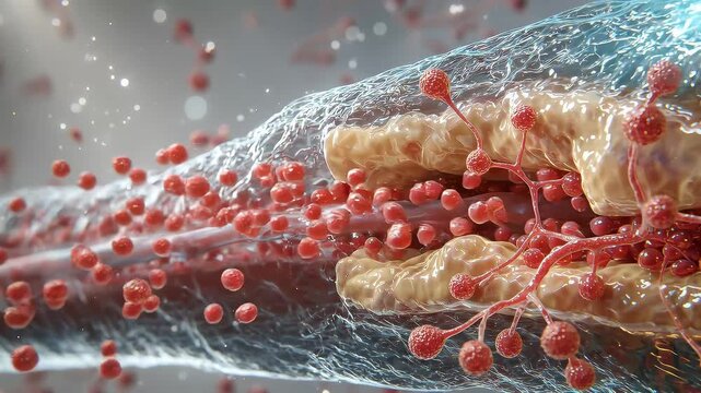 Medical video of a neuromuscular junction in myasthenia gravis, showing nerve terminals releasing acetylcholine into the synaptic cleft.