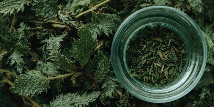 Dried nettle leaves and clear cup of nettle tea captured in detailed close-up