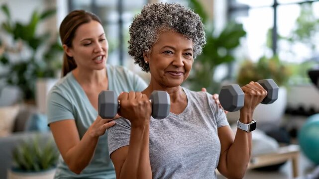 Medical video of a myasthenia gravis patient performing gentle resistance exercises with a physical therapist in a modern rehabilitation clinic.