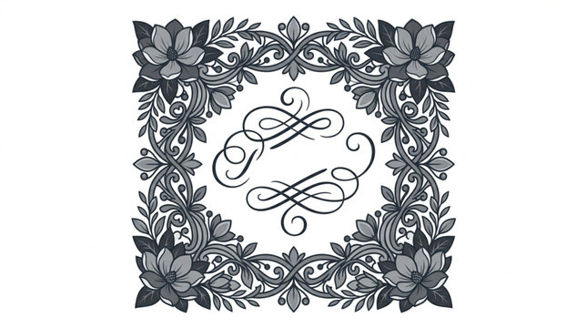 Elegant floral monogram frame with swirling calligraphy initials.
