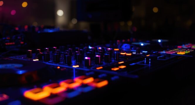 DJ mixing console illuminated with vibrant lights showing knobs and controls at night