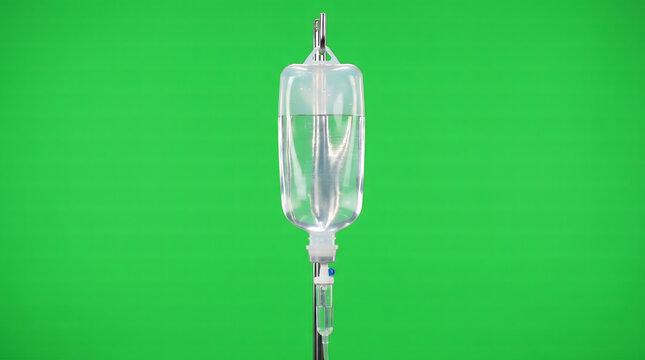 A clear intravenous (IV) drip bag containing saline solution, suspended against a vibrant green screen background, ready for medical use.