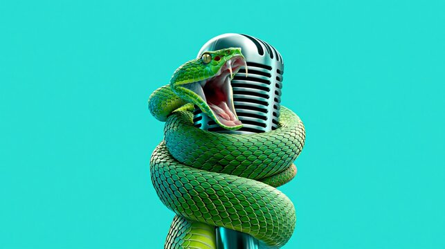Green snake wrapped around vintage microphone on turquoise background