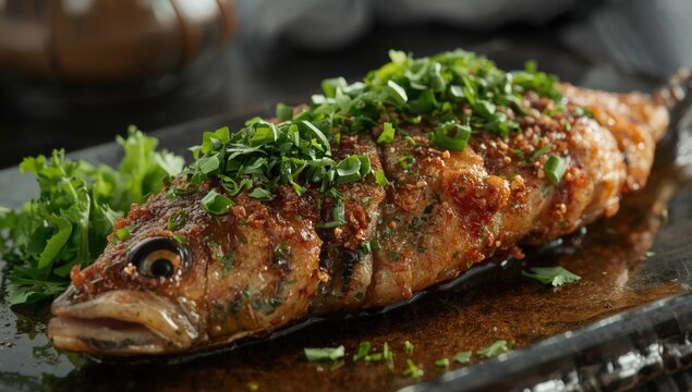 Fried marinated saury topped with fresh chopped herbs