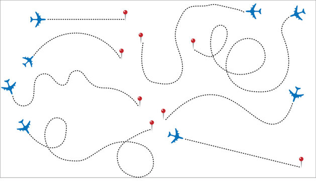Air Travel Routes: A stylized graphic depicting multiple airplane routes with small planes and destination markers, illustrating various travel paths.