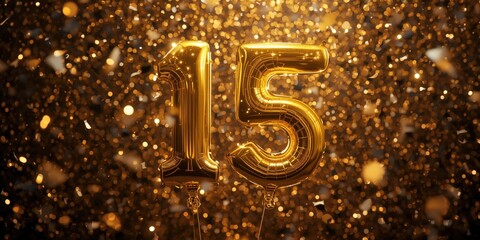 Obraz premium Gold number fifteen balloon glowing against a sparkling confetti and glitter scene