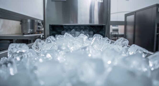 Close up view of ice machine producing transparent ice cubes with gentle blur and ample copy space in food production setting