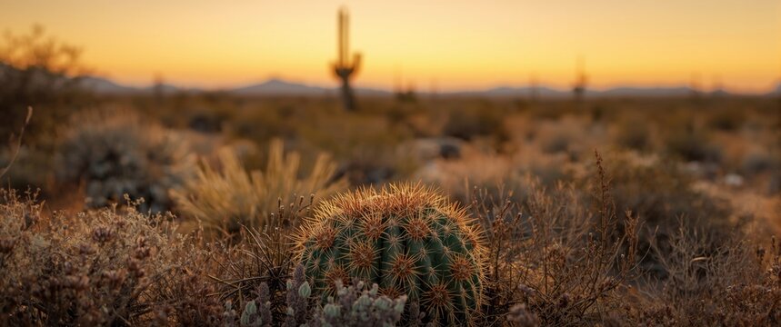 Dwarf turks cap cactus exhibiting reddish brown cephalium surrounded by desert plants with copy space