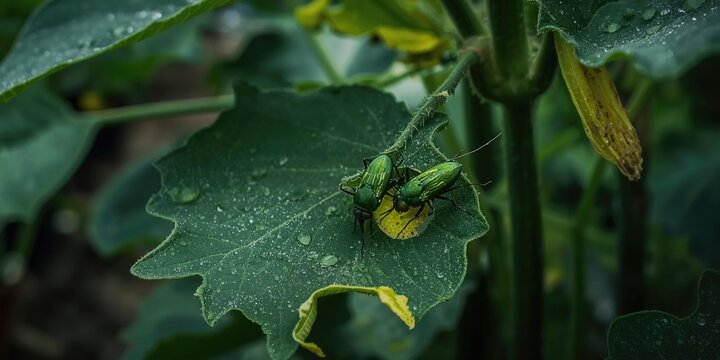 Damage caused by whiteflies on greenhouse cucumber plant leaves with copy space