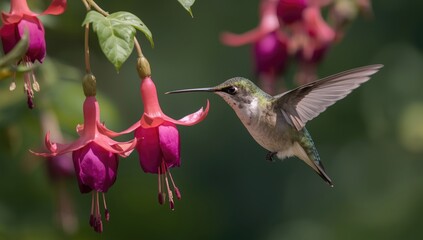 Naklejka premium Friendly hummingbird feeding on open fuchsia flowers in nature