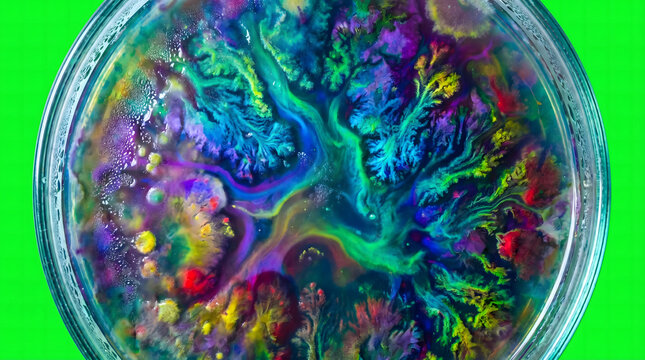 Vibrant abstract fluid art with swirling multicolored patterns in a round container, set against a bright green background.