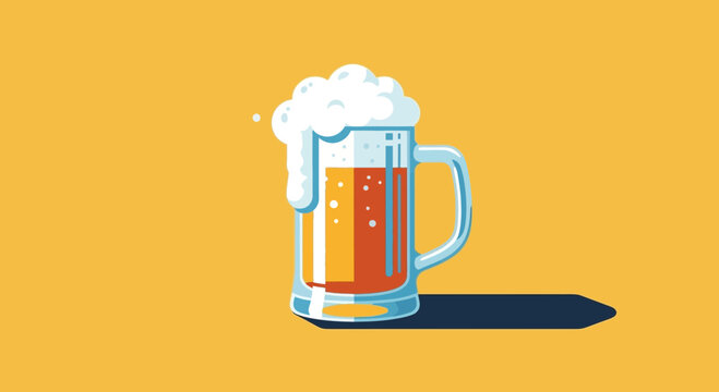 Minimalist Vector Illustration of a Frothy Beer Mug on Yellow Background