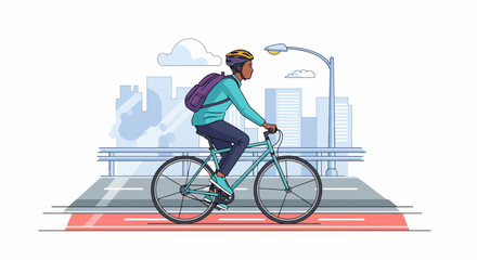 Fototapeta premium Person riding a bicycle with helmet and backpack in the city.