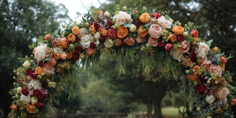 Obraz premium Decorative wedding arch with lush floral accents for festive cheer