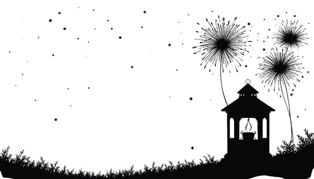 Gazebo structure sits in a grassy field beneath exploding firework bursts to evoke a sense of community gathering and nocturnal celebration within a stylized landscape graphic design element.