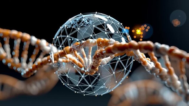 Genetic helix and DNA structure: A close-up view of a DNA helix intertwined with a glowing digital sphere, symbolizing scientific discovery and genetic research.