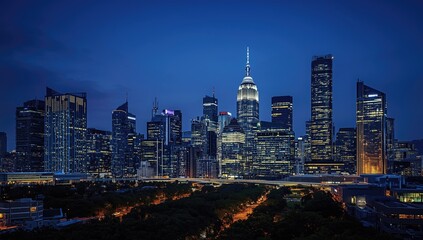 Obraz premium Evening urban skyline with sparkling lights and high rises