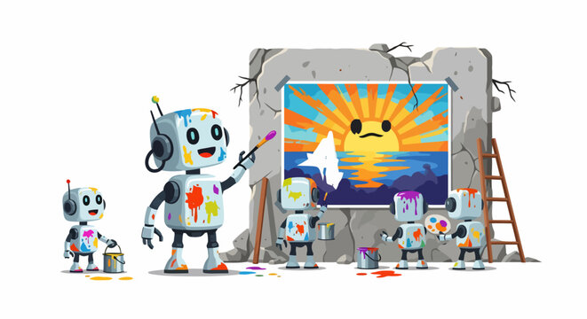 Robots collaboratively painting a vibrant sunrise on a canvas.