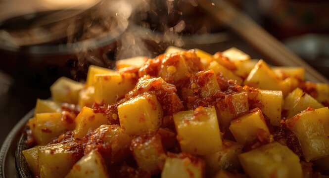 Close up composition of Rujak Aceh with fresh fruit mix and spicy tangy sauce