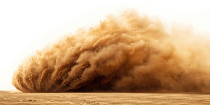 Fine sand storm swirling in desert with powerful wind vortex isolated on white