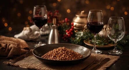 Obraz premium Festive New Years Eve Italian table featuring cotechino with lentils and red wine
