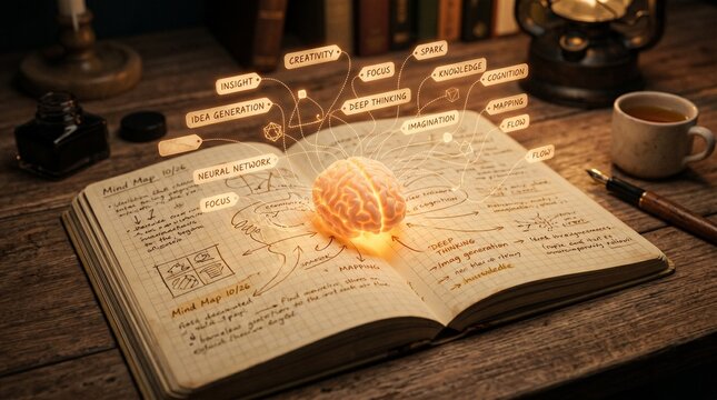 Glowing brain concept on open notebook