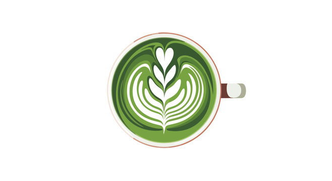 Top view of a matcha latte with artistic heart leaf latte art