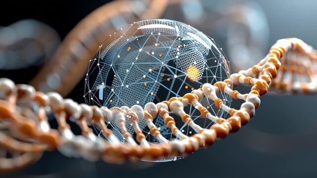 DNA Helix and Digital Globe: A close-up, stylized view of a DNA double helix intertwined with a glowing digital globe, symbolizing the intersection of genetics and technology.