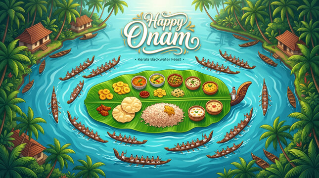 Happy Onam Festival Celebration with Kerala Backwaters Snake Boat Race and Traditional Sadya Feast