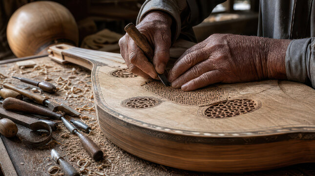Crafting an Oud Closeup of Hand Carving Musical Instrument 1.