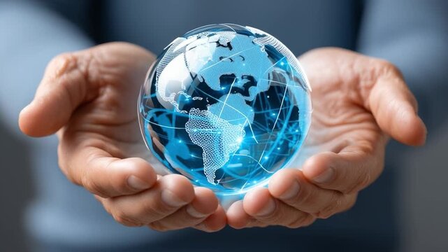 Global Connectivity in Hands: Two open hands gently cradle a glowing, transparent globe, symbolizing the interconnectedness of the world and the digital age.
