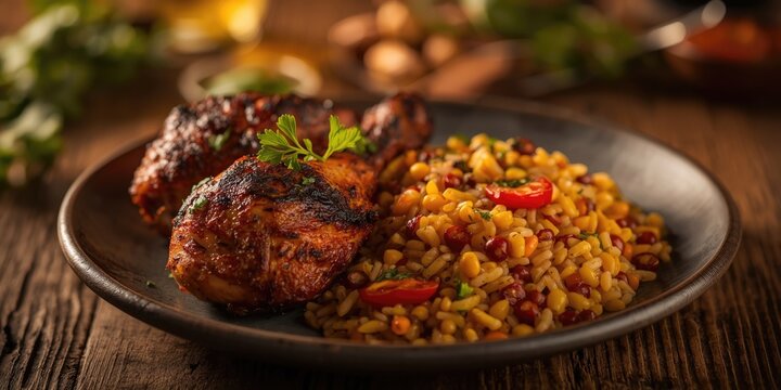 Grilled jerk chicken legs paired with flavorful corn and bean rice