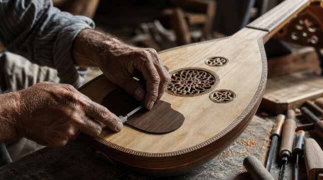 Crafting an Oud Closeup of Hand Sanding Musical Instrument.