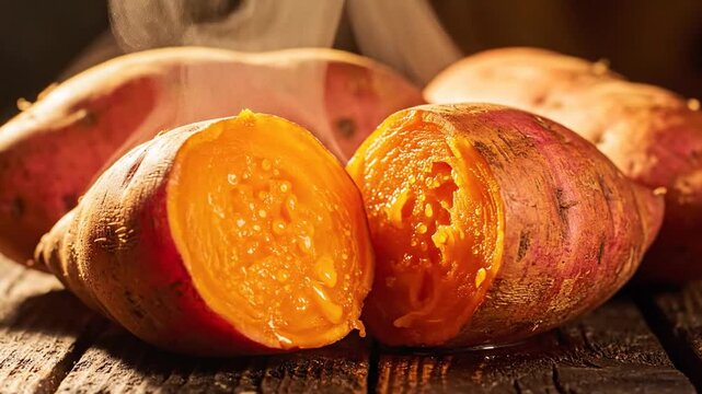 Warm Orange Sweet Potatoes with Textured Skins on Wood