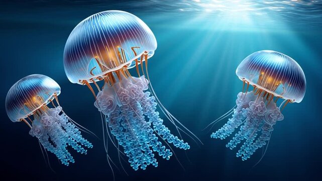 Jellyfish Trio in Ocean Depths: Three luminous jellyfish drift gracefully through the deep blue ocean, illuminated by ethereal shafts of sunlight filtering from above.