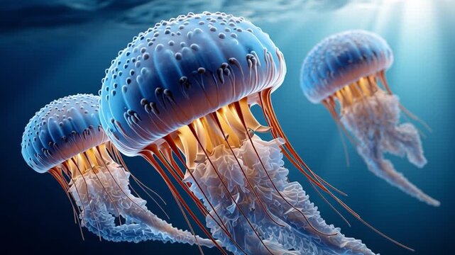 Three Jellyfish in Deep Blue Sea: Three ethereal jellyfish, their translucent bells illuminated from within, drift gracefully through the deep blue ocean waters.