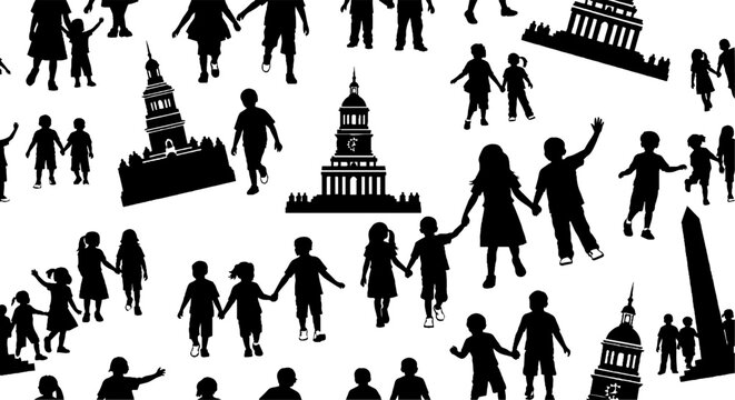 Children silhouettes and historical government landmarks