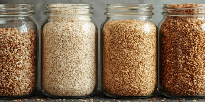 Gluten free grains including oatmeal rice and buckwheat arranged in glass jars for kitchen display