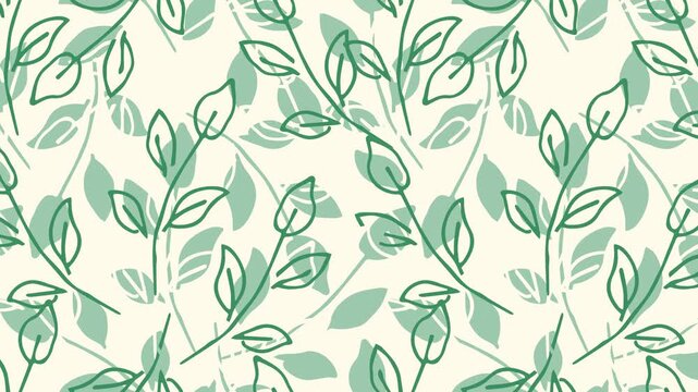 A looping moving seamless pattern. Motion animation. Green foliage, twigs on a light background. Nature and plants.