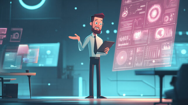 Confused Analyst: A perplexed businessman stands in a high-tech control room, holding a tablet and gesturing towards a holographic display filled with complex data and charts.